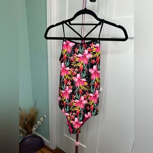 Hurley Girls Black Hyper Pink Floral Tropical One Piece Swimsuit 14/16 neon EUC